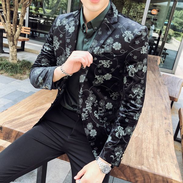

new velvet mens blazer luxury flower printing club party male blazer fashion casual single breasted slim fit prom blazers men, White;black
