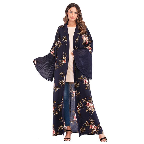 

muslim women floral print open abaya dress s-2xl plus size islamic women flare sleeve dubai abaya for sale, Red