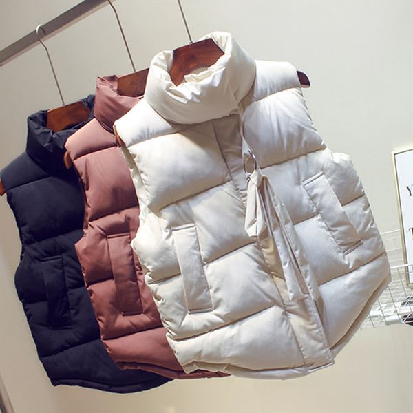 

2019 women sleeveless vest winter short paragraph down cotton padded jacket female veats mandarin collar sleeveless waistcoat, Black;white