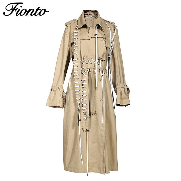 

fionto khaki windbreaker autumn new women's long knee loose slim temperament drawstring design coat, Tan;black