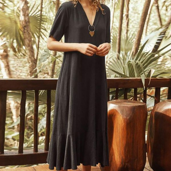 

sell new v-neck solid color lace up pocket short sleeve dress, Black;gray