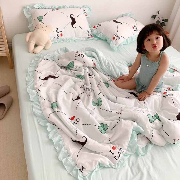 

summer quilt sub-cooled ins cartoon blanket for home baby washed cotton lace summer quilts 4pcs set