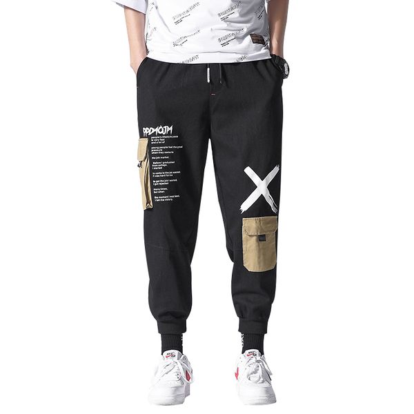 

men patchwork pockets cargo pants letter print casual pencil pants mens jogger sweatpants fashion spring summer male trousers, Black