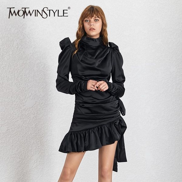 

twotwinstyle satin dresses women puff sleeve high waist hollow out bandage asymmetrical mini dress for women 2019 spring fashion, Black;gray