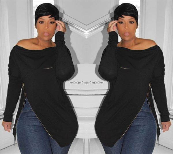 

нерегулярные твердые женские кофты косой плечо с длинным рукавом молнии женские топы конфеты цвет повседневная женская одежда, Black