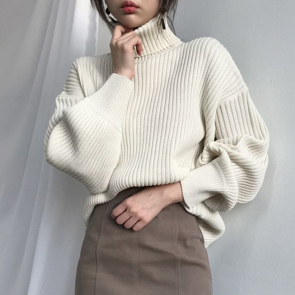 

autumn winter women knitted turtleneck sweaters pullovers ladies casual lazy solid warm jumper pull femme, White;black