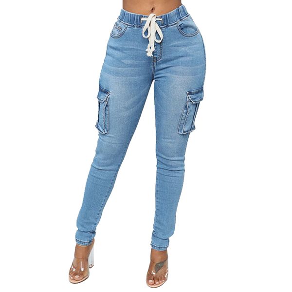 

wenyujh 2019 autumn washed jeans women solid color drawstring straight jeans pants femme fashion vintage slim feet denim pants, Blue
