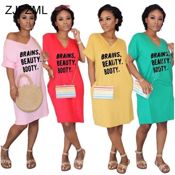 

black letter print summer t shirt dress women fashion deep v neck short sleeve loose dress casual ladies plus size beach dresses, Black;gray
