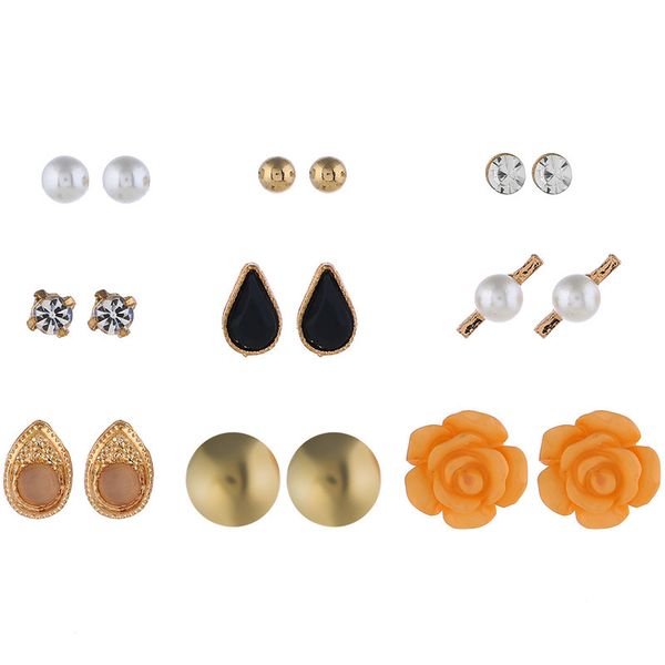 

brinco aretes and american mirror new water drop pearl 9 pairs of ear studs fashion bohemia rose flower set earrings female, Silver