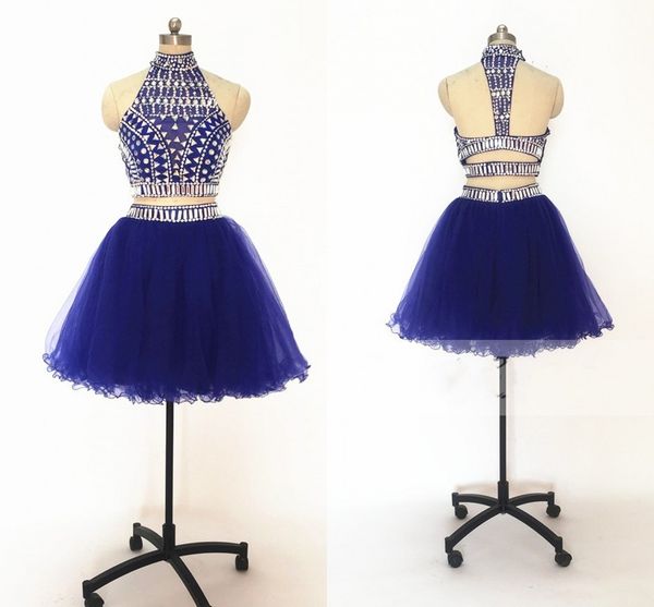 

high neck crystals homecoming dresses prom mini dress 2020 two piece piping tulle cocktail graduation party dress gowns, Blue;pink