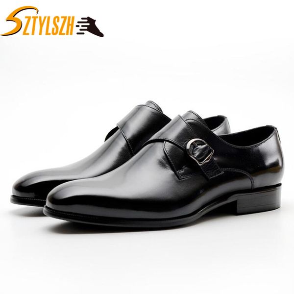 

handmade brown fashion simple retro luxury wedding brand male buckle shoe genuine leather mens formal bronze monk dress shoes, Black