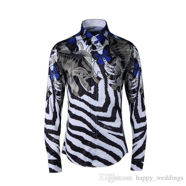 

fashion luxury fancy shirts men casual shirt men social dress shirts italian slim fit fish zebra stripes printed tuxedo shirts, White;black