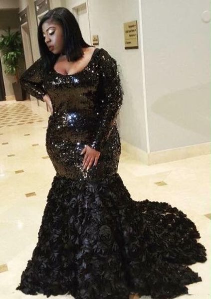 

Custom Made Plus Size Black Prom Dresses 2019 New Long Sleeve Scoop Neck Sweep Strain Formal Mermaid Evening Dress Party Gowns Custom Made