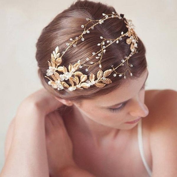

handmade ribbon gold leaves pearl headband crystal hair jewelry wedding hair accessories romantic bridal tiara crowns headdress, Golden;white