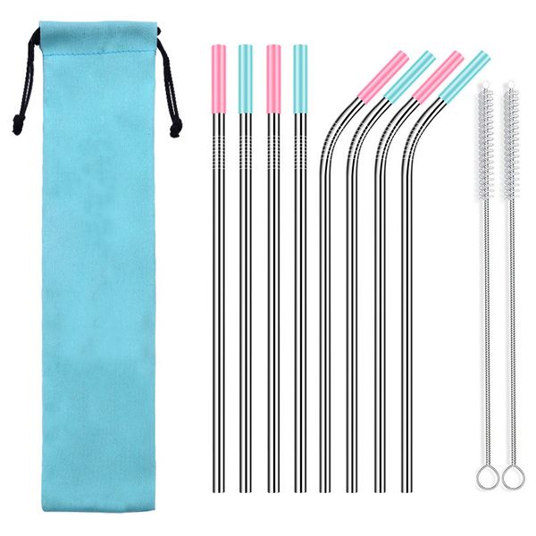 

1pcs reusable bent stainless steel straw red blue yellow and purple magenta rubber mouth cover drinking straw