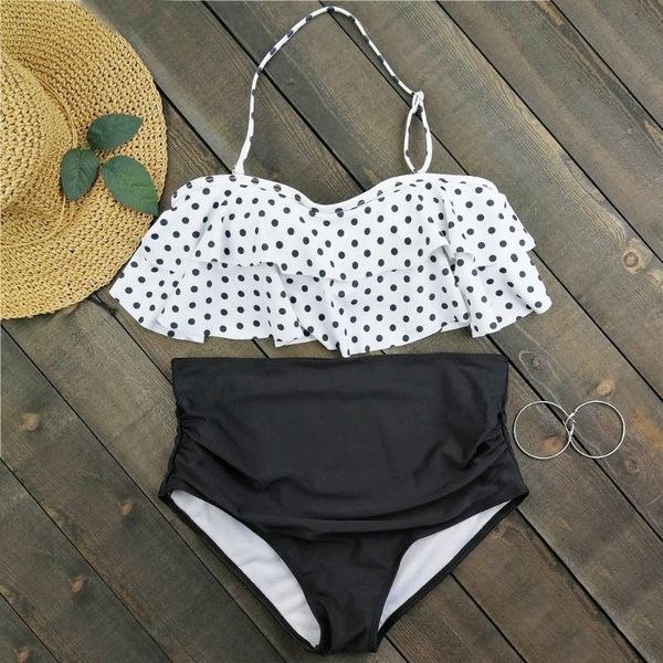 

plus size bikini dot print swimwear women high waist swimsuit ruffle biquini crop bikinis halter bathing suit 3xl beachwear, White;black