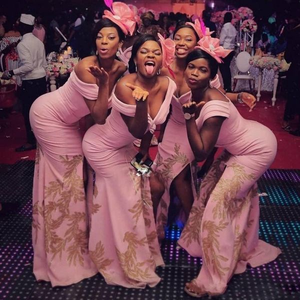 

dubai off shoulder bridesmaid dresses for wedding gold appliques size split mermaid maid of honor gowns plus size bridesmaid dress 2019, White;pink