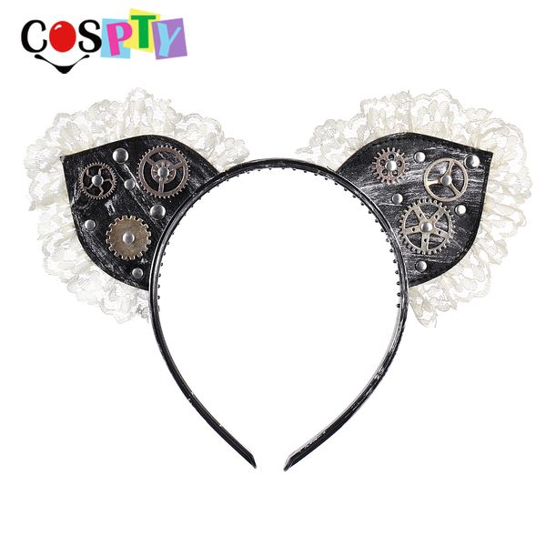 

cospty retro steampunk hairbands girl cat ear pu hair hoop lace gear punk headband accessories for women