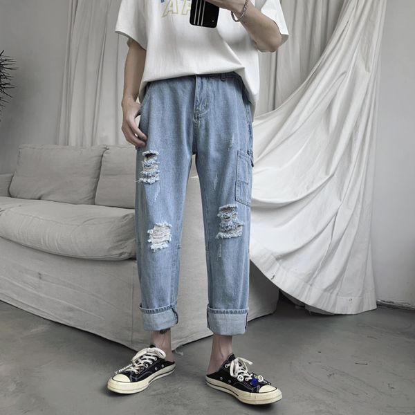 

autumn new jeans men fashion washed solid color straight casual wear denim pants man streetwear wild hip hop loose male clothes, Blue