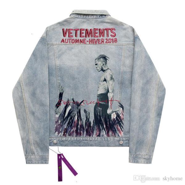 

wholesale -19ss washed blue singer printing denim jacket button casual jackets fashion outerwear couple street long sleeve jacket zdl0927, Black;brown