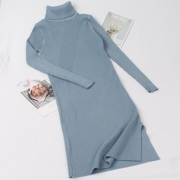 

gigogou turtleneck women sweater dress mid-calf long autumn winter thick warm female dresses slim soft rib knitted dresses, Black;gray