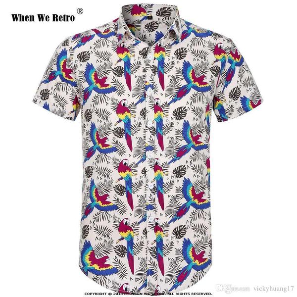 

when we retro short sleeve men shirt parrot palm print summer beach hawaiian shirt floral shirts men casual holiday clothing, White;black