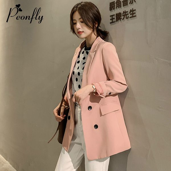 

peonfly 2019 women casual pink gray blazer female solid vintgae long sleeve blazer office lady new femme jacket, White;black