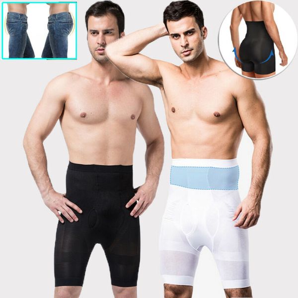 

men shapewear high waist tummy leg control briefs solid color anti-curling slimming body shaper, Black;blue