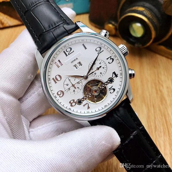 

dress mens watches mechanical automatic 42mm daydate flywheel dial genuine leather strap gold watch for men gift, Slivery;brown