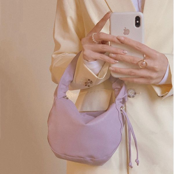 

2020 soft leather women bag purple handbags pleated handle messenger shoulder bags drawstring ladies tote