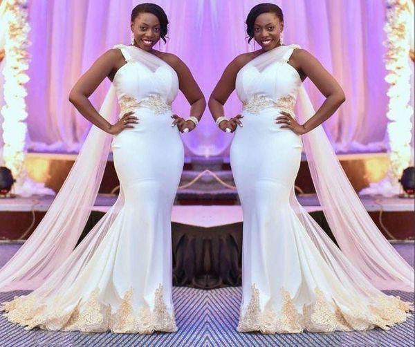 

south african mermaid wedding dresses 2019 new plus size one shoulder bridal gowns champagne lace appliques dubai arabic wedding dress, White