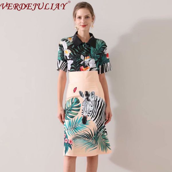 

verdejuliay runway fashion office lady sets 2020 spring summer women's flower print blouse+mini slim skirt luxury elegant sets, White