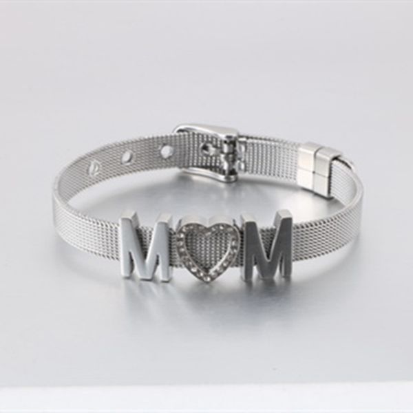 

charm bracelets fashion tri-color stainless steel for women letter mom heart zircon bangles wedding party jewelry, Golden;silver