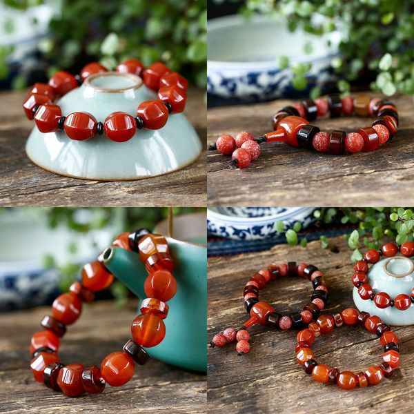 

red agate hand string natural button agate bracelet man barrel bead hand string jewelry beaded bracelet pandora charm bracelet, Black
