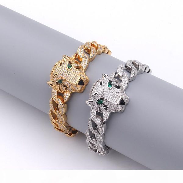

12mm animal copper green eye diamond leopard head bracelet men's hip hop aggressive bracelet jewelry, Black