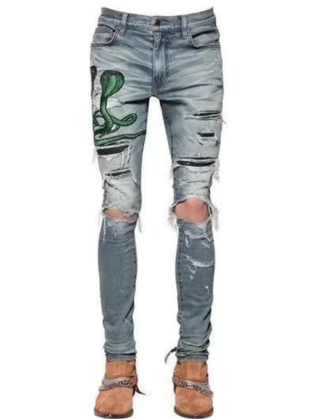 

мужская мода 18ss cobra вышивки борьба змеиной кожи джинсы дизайнер тонкий эластичностью брюки причинная брюки хип-хоп мужчины jeans # 56102, Blue