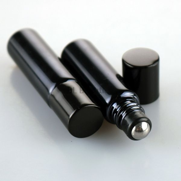 

500pcs / серия 5ml 10ml высокое качество черный уф essential oil roll on bottle примеры флаконы с сталь металл роллер духи бутылки