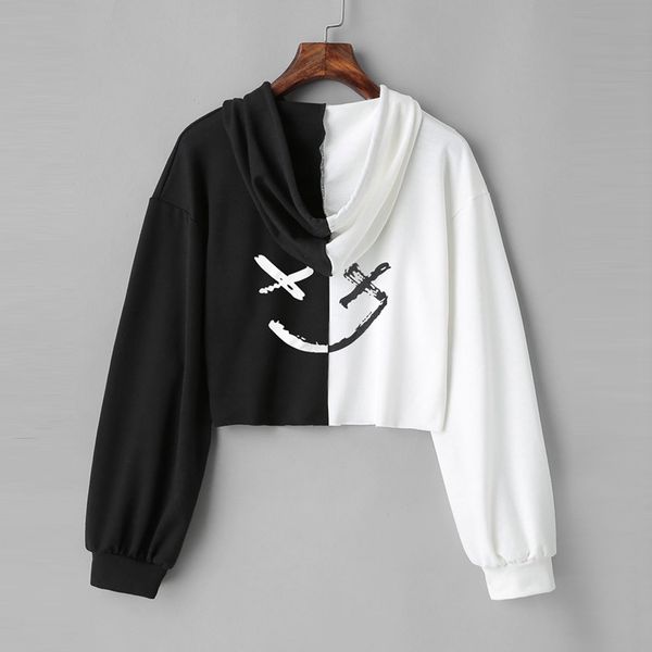 

2019 new fashion hoodie women's smiling face print hoodies sweatshirt jacket coat blouse hip hop streetwear loose pullover, Black