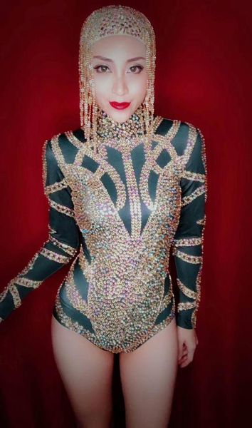

multicolor bright rhinestones bodysuit women's birthday celebrate outfit nightclub dance wear party bodysuit performance clothes, Black;red