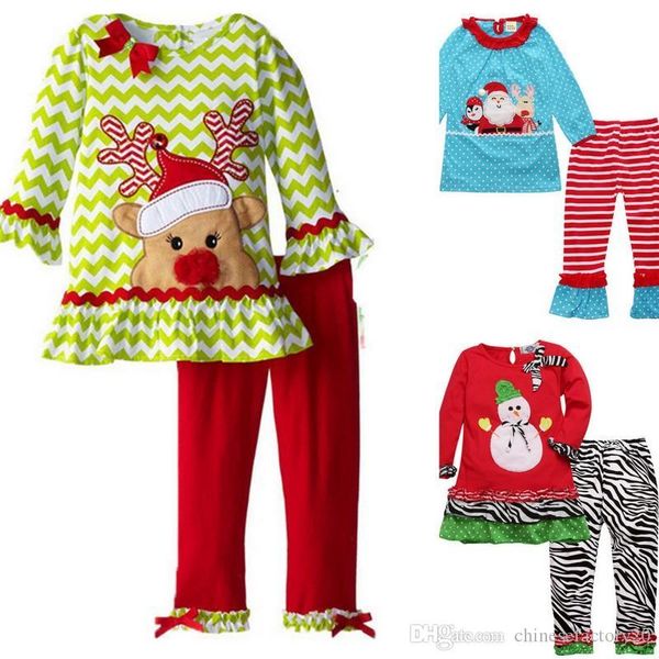 

baby girls fashion autumn bowknot suits christmas stripe lace dot t-shirt dress+pants sets long sleeve pajamas infant boutique outfits, White