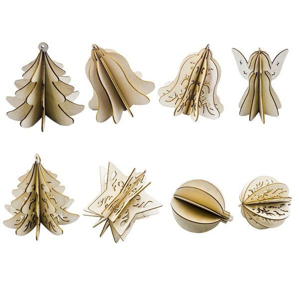 

16pcs wood slices splicing diy 3d christmas pendants ornaments with hang string xmas tree hollow pendants home party decorations