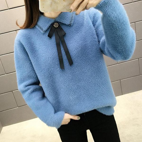 

peonfly korean faux warm winter sweater women 2020 turn down collar long sleeve knitted pullover jumper female blue, White;black