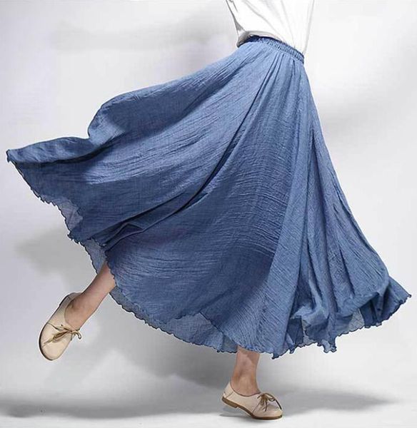 

women's elegant high waist linen maxi skirt 2018 summer ladies casual elastic waist 2 layers skirts saia feminina 20 colors sk53, Black