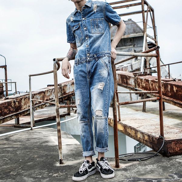 

men's jumpsuit men's korean version of slim denim clothing hole denim suit short-sleeved overalls, Blue