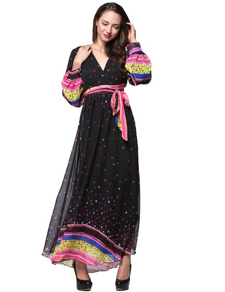 

women 7xl plus size chiffon dress retro polka dot print fall dress v neck lantern sleeve casual boho belted maxi long 2019, Black;gray