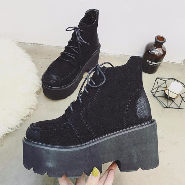 

fashion black boots women new autumn lace-up thick soled platform shoes lady party ankle boots high heels md-38