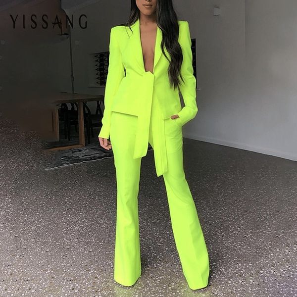 

yissang women two piece set and pants suit 2019 long sleeve neon green set women summer autumn female 2 piece suits, White