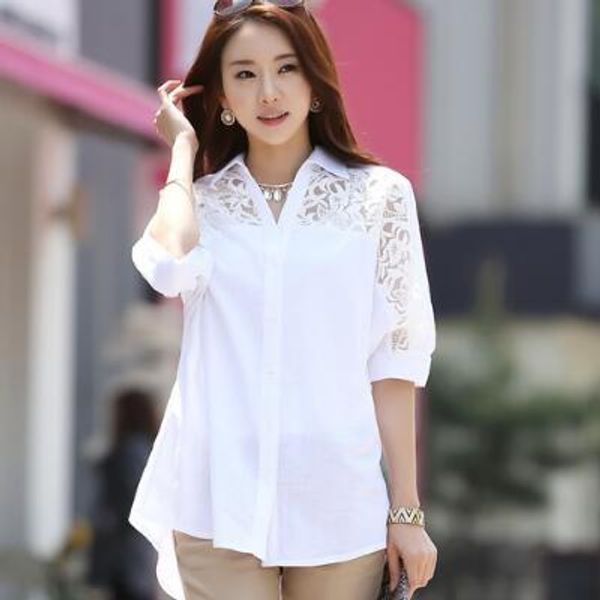 

fashion 2019 style autumn women cotton and linen lace blouse kimono long white elegant shirt social ladies office a247