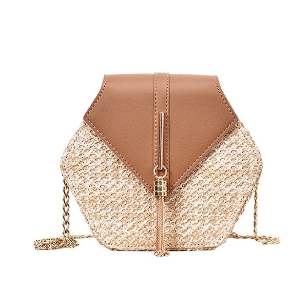 

straw tassel beach woven women bags hexagon summer chain knitting shoulder crossbody small handbag messenger brown