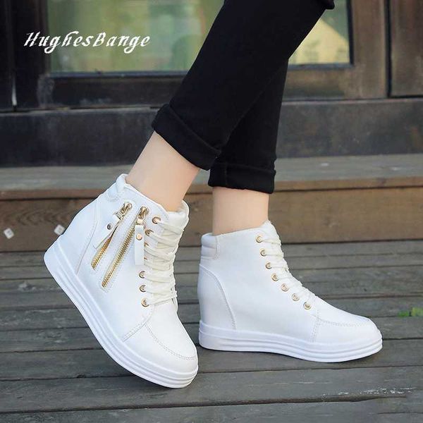 

fashion boots women increased in the spring autumn white sneakers thick bottom lace up car zipper bare feet waterproof platform, Black